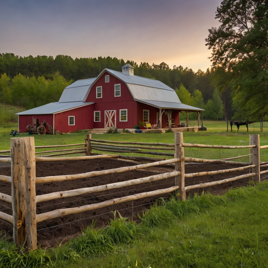 A red barn with a metal roof and wooden fencing in a lush green field at sunset, representing a peaceful rural homestead, ideal for those looking to learn how to begin homesteading.