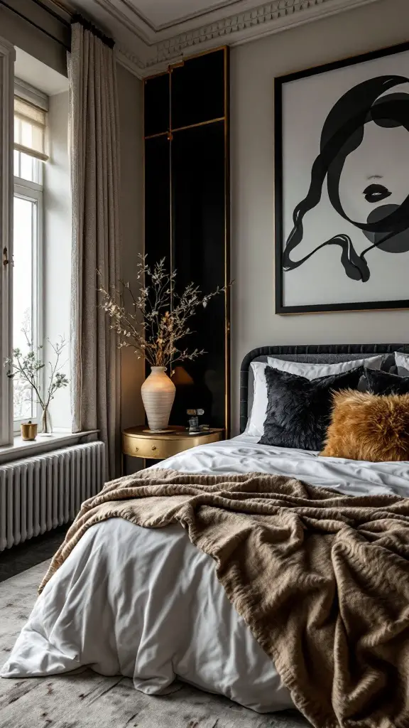 Stylish bedroom featuring black and gold accents with cozy bedding and natural light