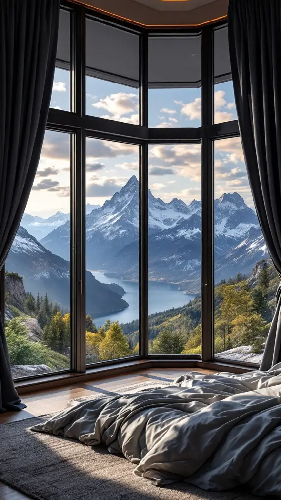 A cozy bedroom with large windows framing a stunning view of mountains and a lake, complemented by dark drapes.