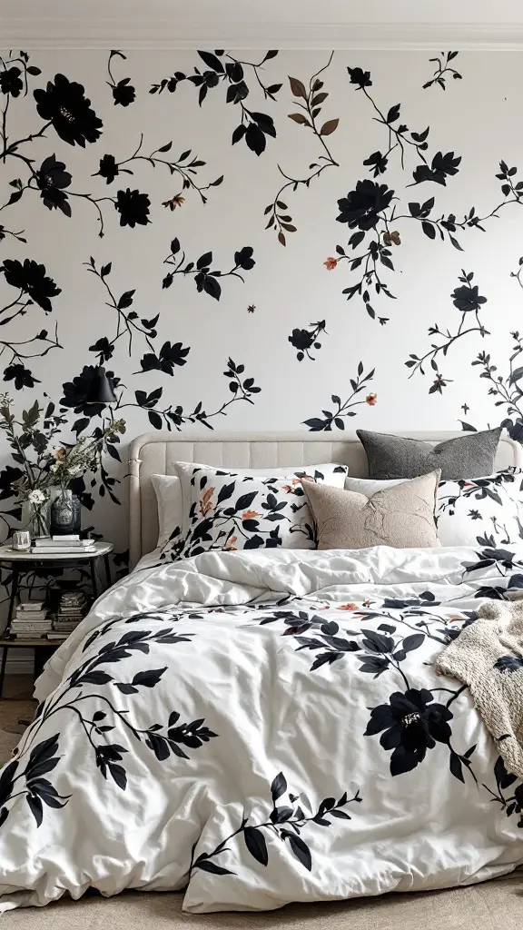 A cozy bedroom featuring dark floral patterns on the wall and bedding, creating a sophisticated and inviting atmosphere.