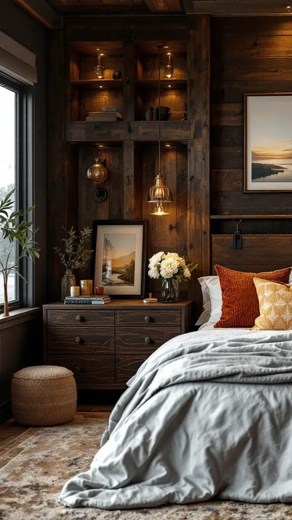 Cozy bedroom with dark wood accents and rustic decor