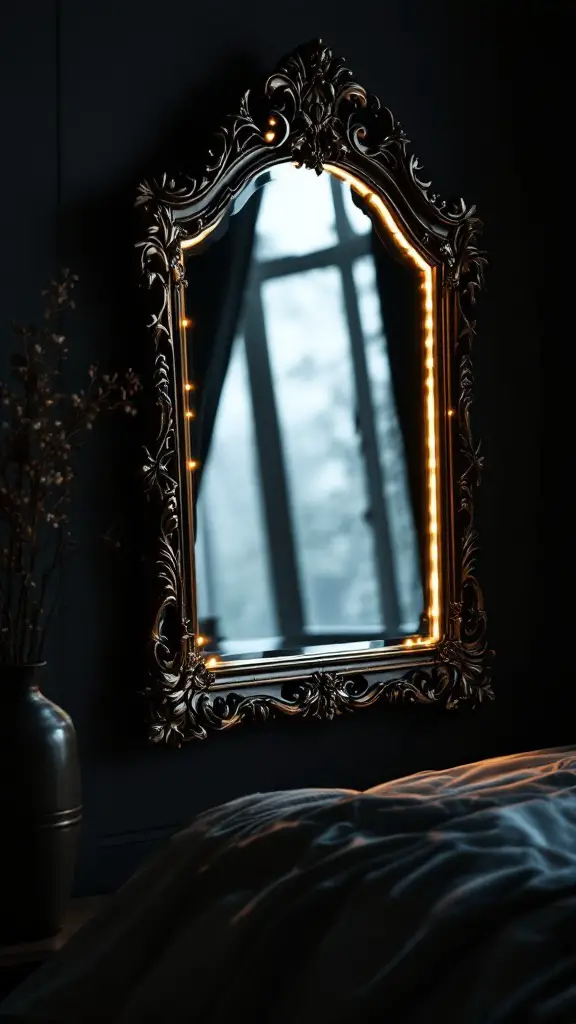 A beautifully ornate mirror with soft lights, reflecting a cozy bedroom setting.