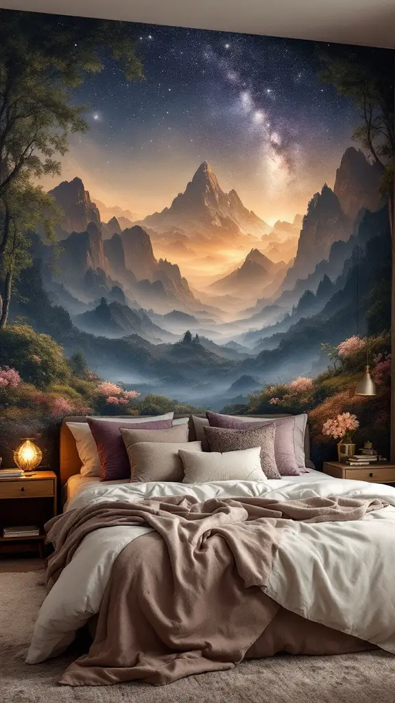 A serene wall mural of a sunset over a mountainous landscape, enhancing the bedroom decor.