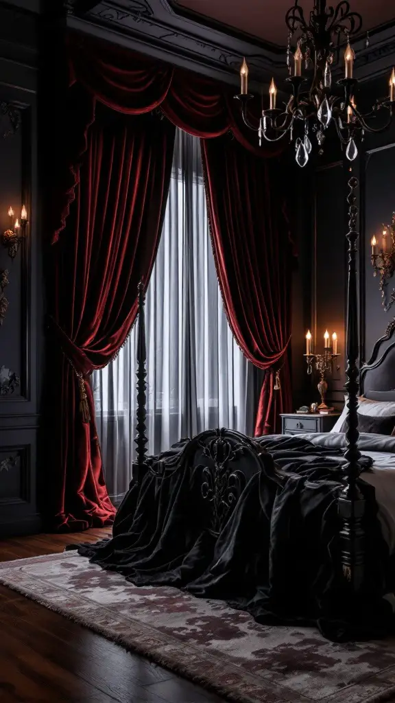 A gothic style bedroom featuring a velvet bedspread, ornate chandelier, and rich red curtains.