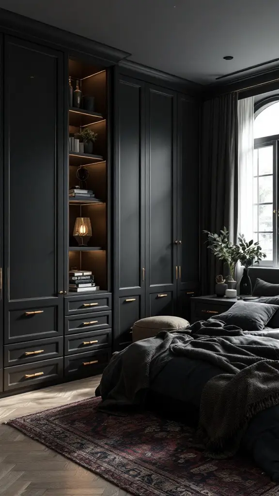 A stylish bedroom with dark cabinetry featuring hidden storage, warm lighting, and a cozy atmosphere.