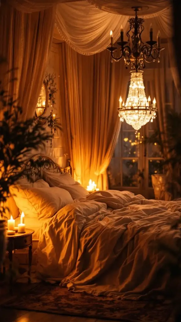 A cozy bedroom with soft lighting from a chandelier and candles, featuring plush bedding and warm colors.