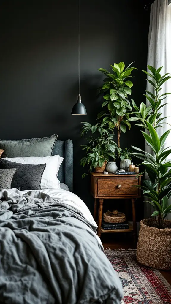 Cozy bedroom with indoor plants, gray bedding, and dark walls.