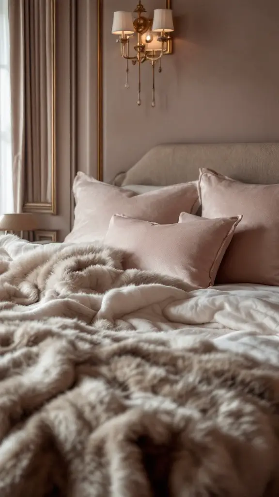 A cozy bedroom with a fur throw and silk pillows on a bed, featuring warm tones and elegant decor.