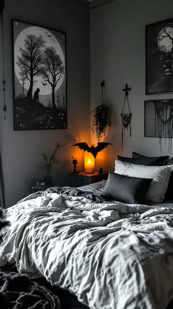 A cozy bedroom with dark-themed decor featuring mysterious artwork, a bat-shaped lamp, and inviting bedding.