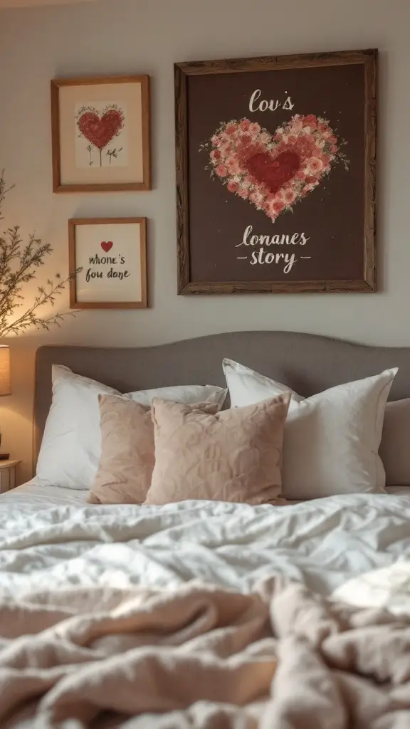 A cozy bedroom with decorative heart-themed artwork on the wall, featuring soft bedding and warm lighting.