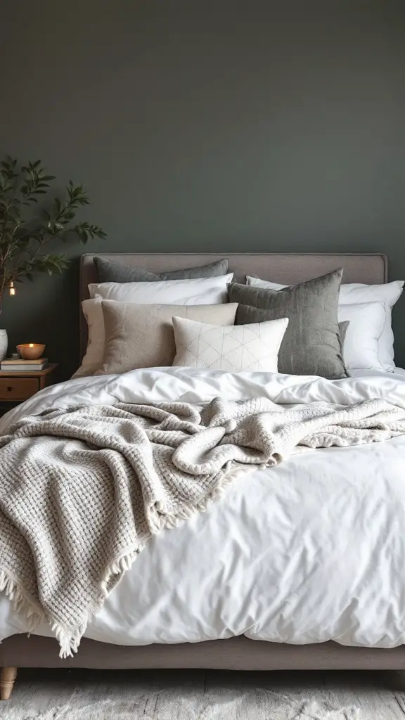 A cozy bed with layered textiles, including a white duvet, knitted blanket, and various decorative pillows against a green wall.