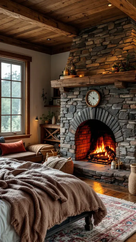 A cozy rustic fireplace made of stone and bricks, with a warm fire burning, surrounded by a comfortable living space.