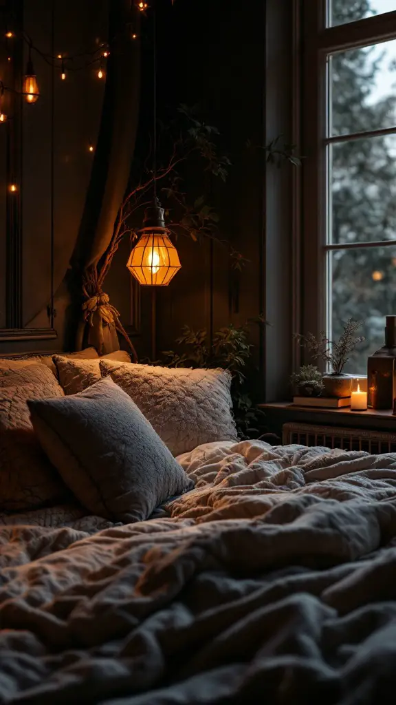 Cozy reading nook with a textured bed, soft pillows, warm lighting, and a calming atmosphere.