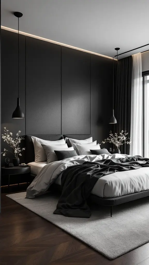 A stylish minimalist bedroom featuring black walls, gray bedding, and sleek lighting.