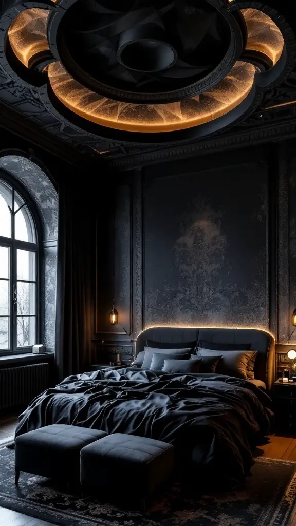 A stylish bedroom with a dramatic ceiling design and warm lighting.