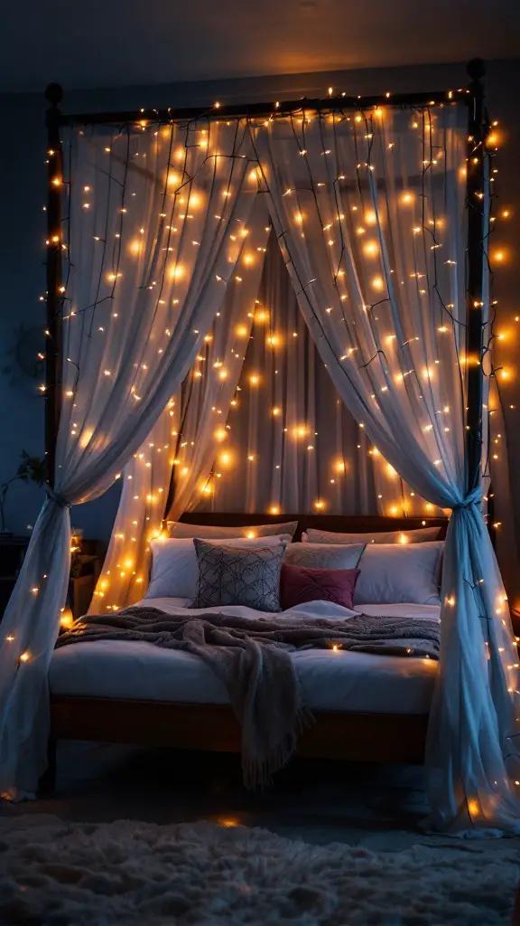 A canopy bed adorned with fairy lights, creating a warm and cozy atmosphere.